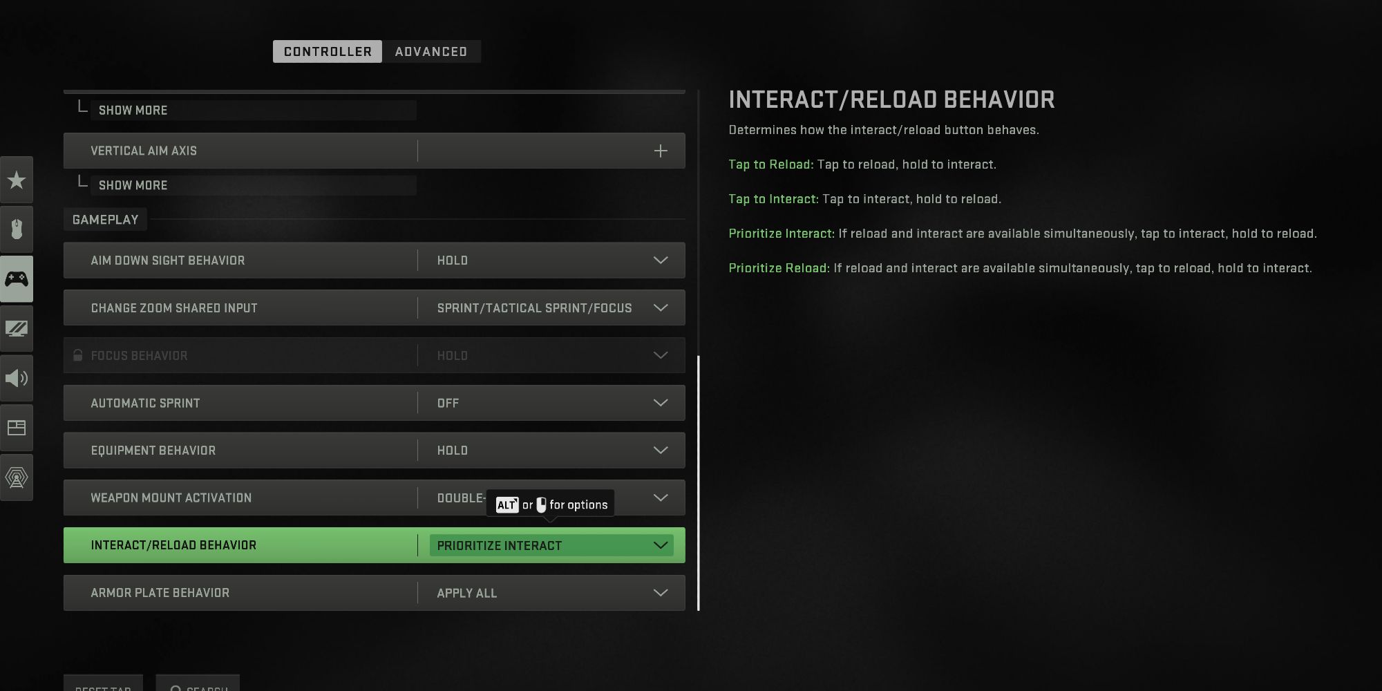 Interact/Reload Behavior Controller Setting, Warzone 2 