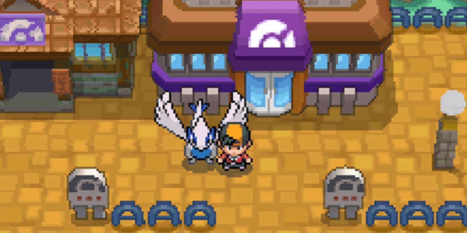 The player using the walking Pokemon feature with Lugia in Pokemon HeartGold or SoulSilver.