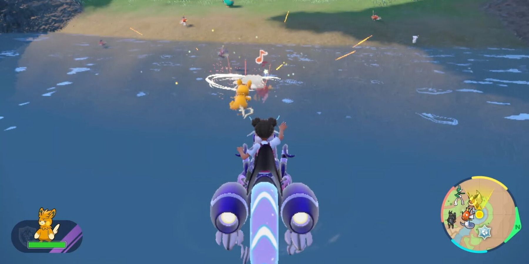 A trainer and their Pawmot in a Magikarp Mass Outbreak in Pokemon Violet.