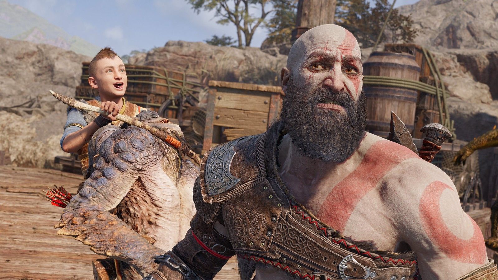kratos cringes as atreus pulls a silly face