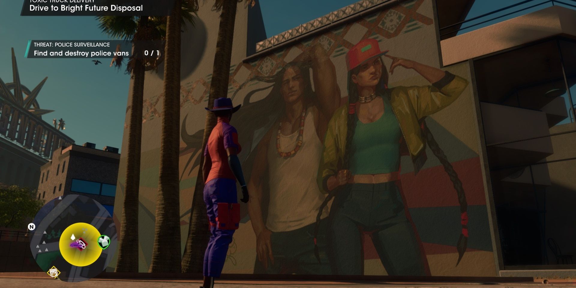 Saints Row admiring a wall mural of indigenous americans dressed in DRIP