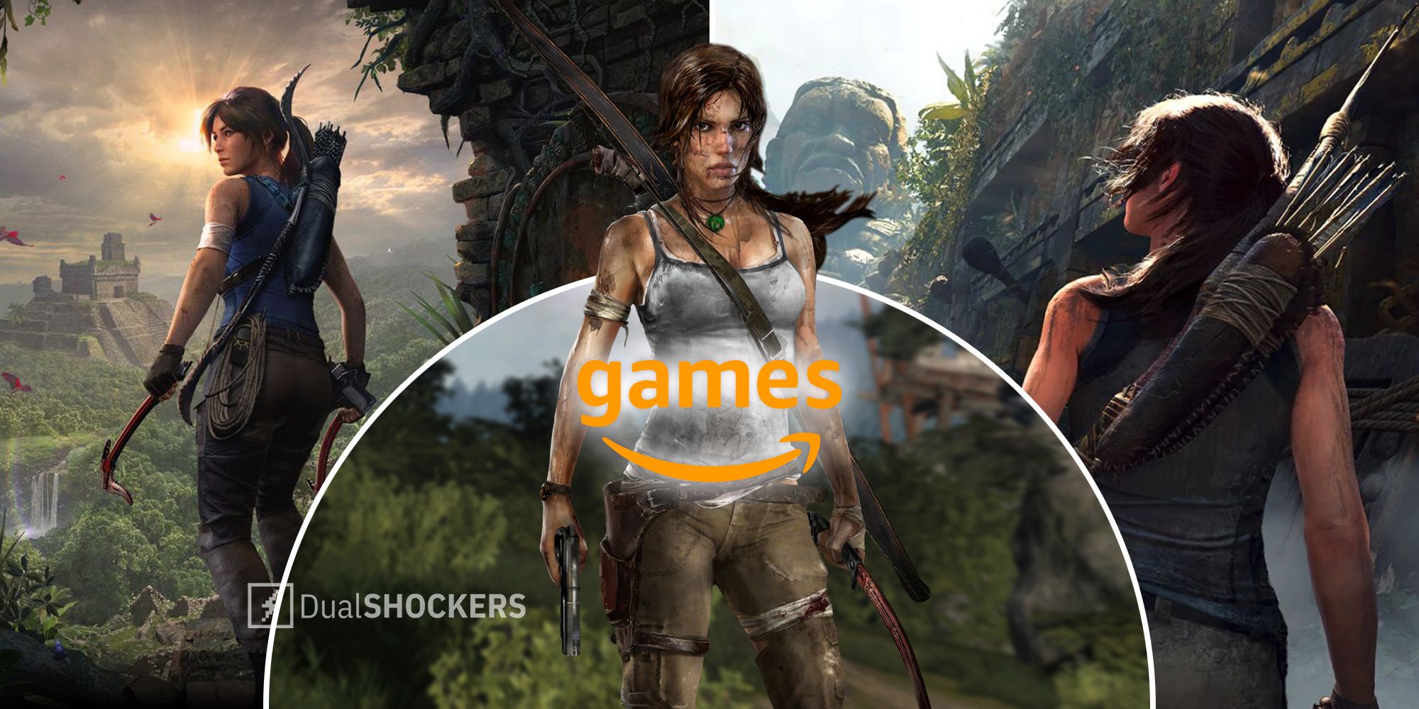 Amazon Games logo over Tomb Raider Series promo images of Lara Croft