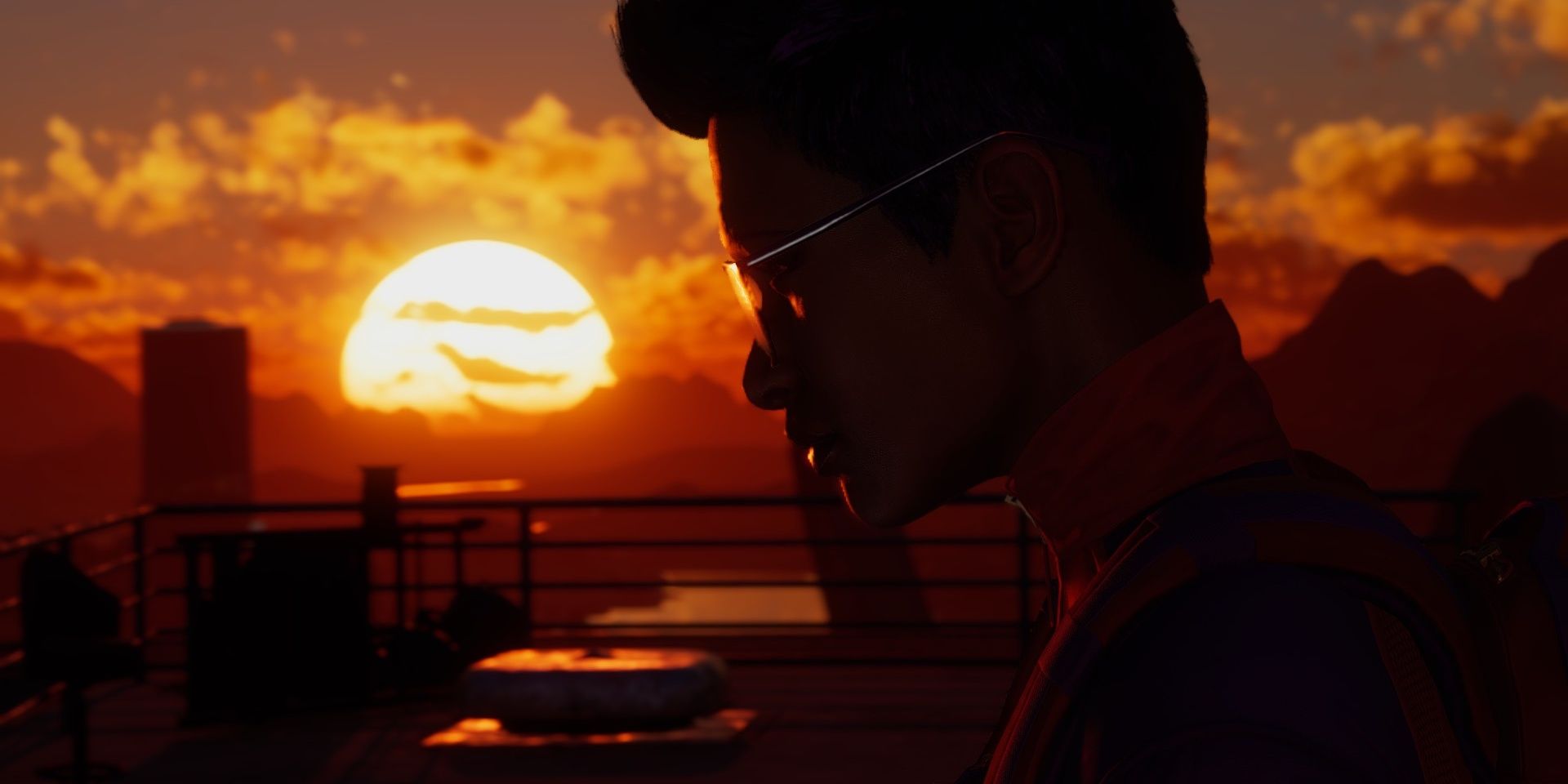 Saints Row The Boss dramatically lit by the sunset at the end of the main storyline