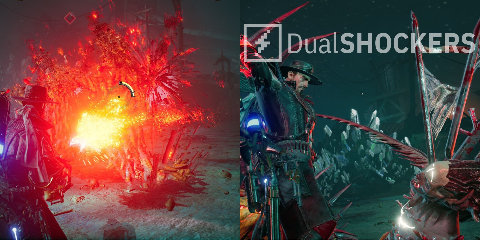 Evil West Bruch feature image with the scorcher flaming down enemies on the left and a finisher move on Bruch on the right