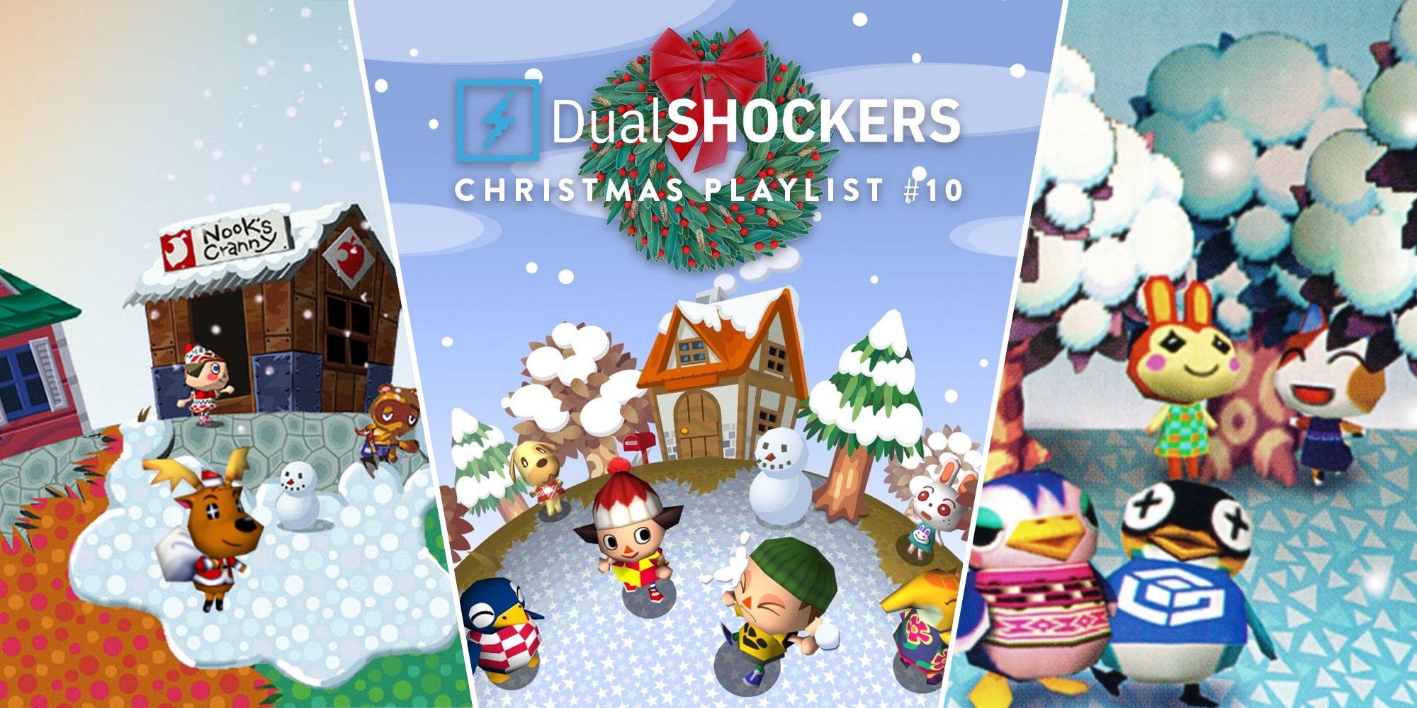 Animal Crossing Nook's Cranny with Tom Nook and Jingle, winter in Animal Crossing with villagers, bunny, cat, and penguin villagers