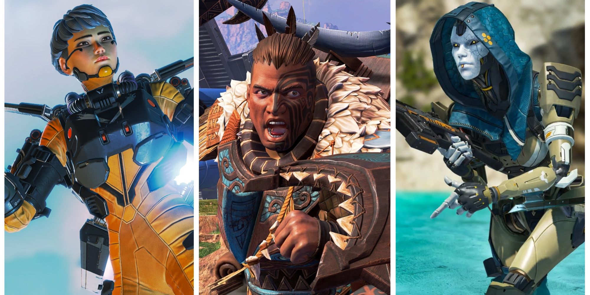 Collage of Valkyrie flying, Gibraltar Yelling, and Ash Reloading gun in Apex Legends