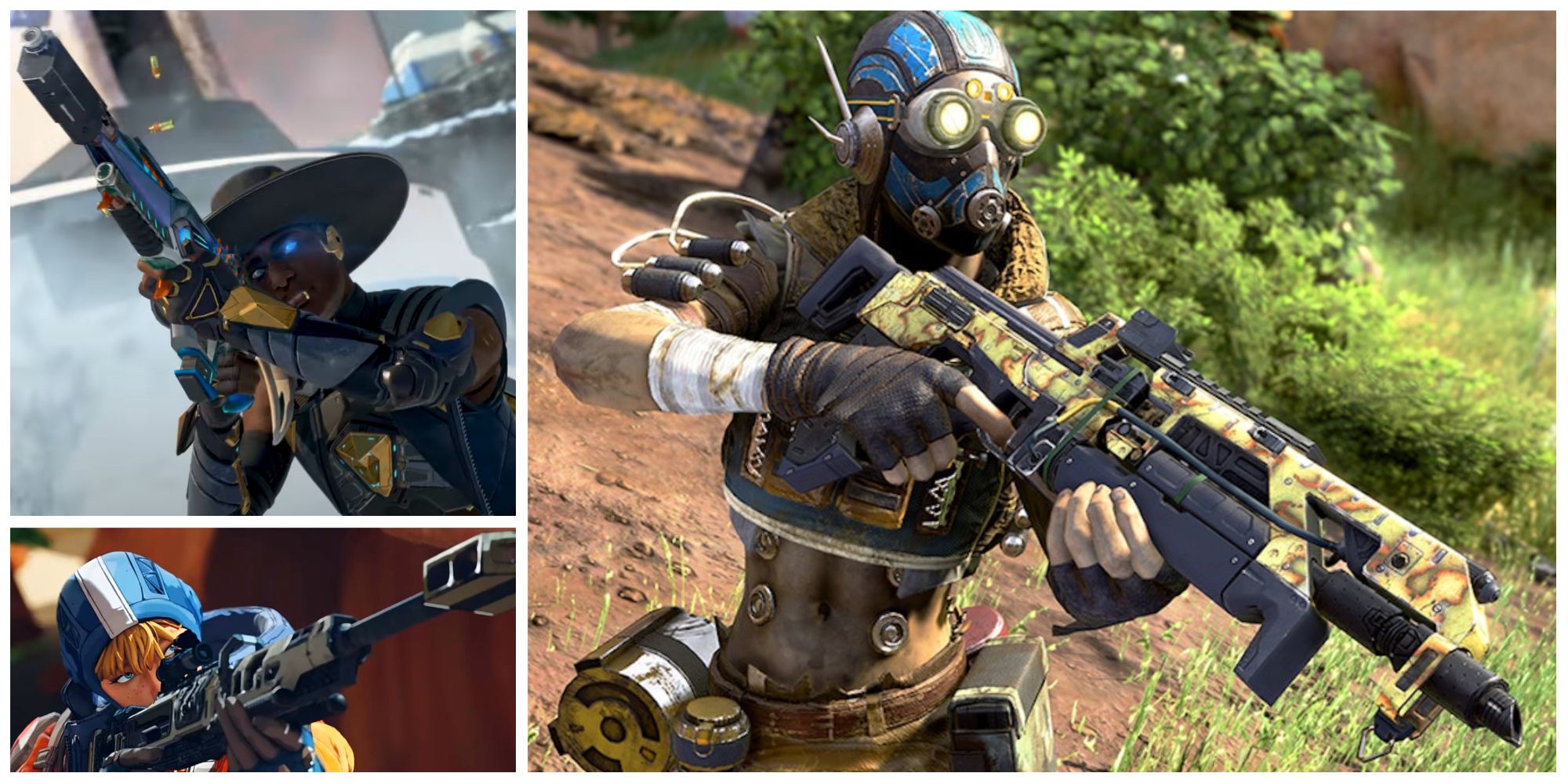 Collage of Seer, Wattson, and Octane holding firearms in Apex