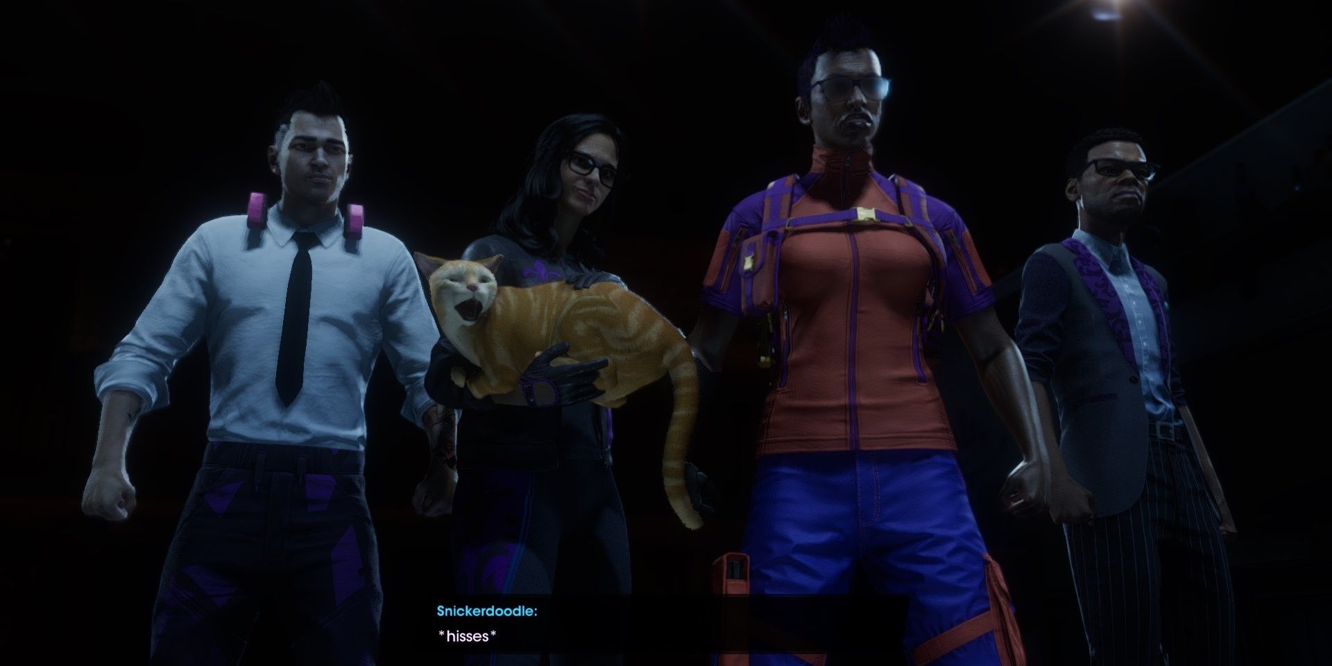 Saints Row The Boss and their friends confronting their nemesis as Snickerdoodle the cat hisses