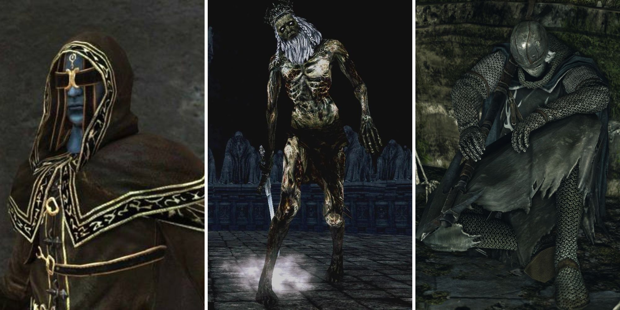 Collage of NPCs from Dark Souls 2 (Royal Sorcerer Navlaan, Vendrick, Creighton The Wanderer)