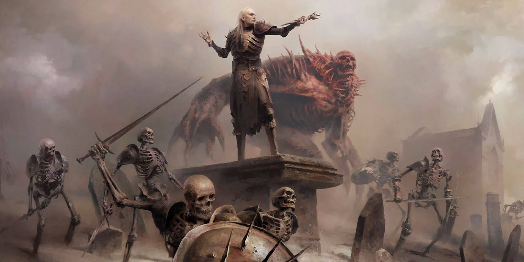 diablo 4 - necromancer leading flesh giant and skeletons into battle