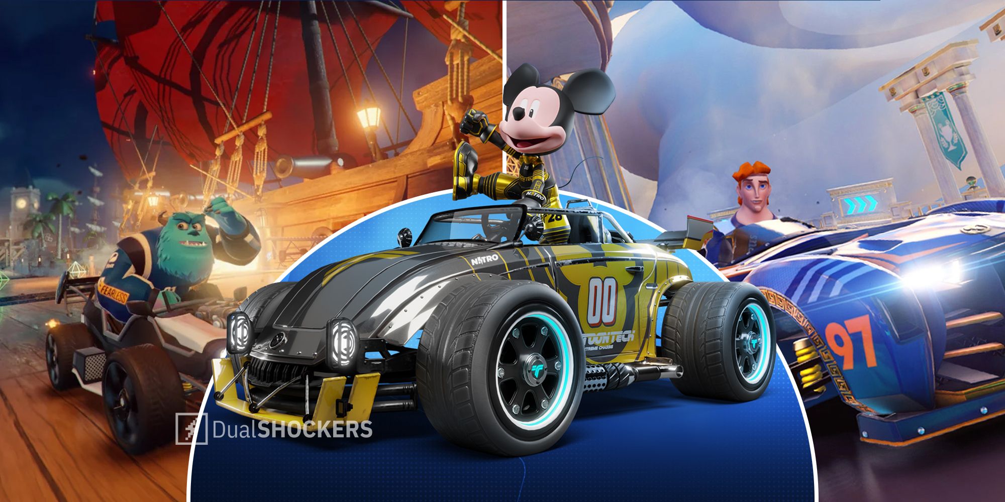 Disney Speedstorm racing game with Sulley, Mickey, Hercules
