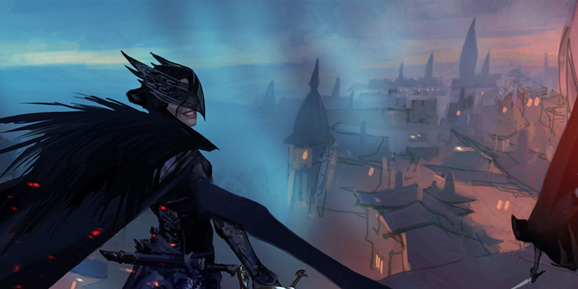 Image shows a masked figure on a rooftop overlooking a city.