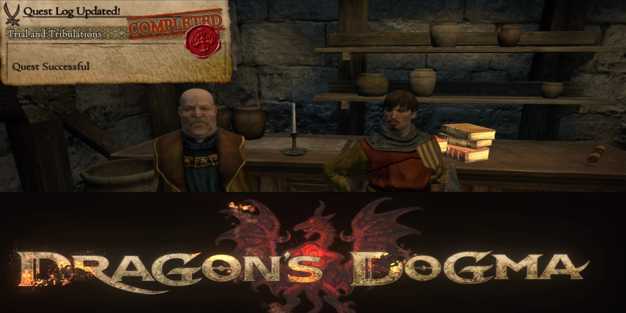 Dragons Dogma split image game logo with Fournival and quest log complete for Trial and Tribulations