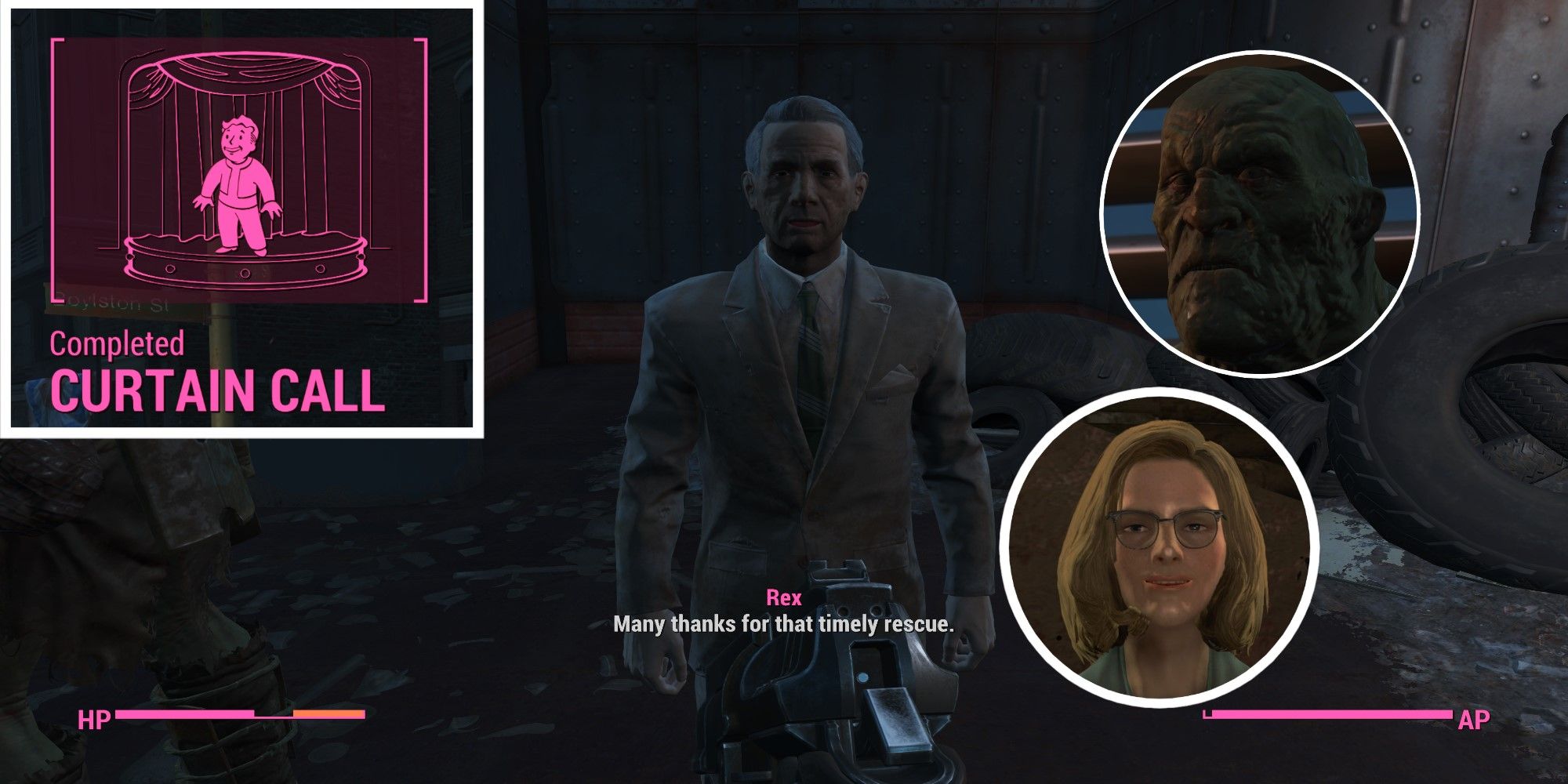 Fallout 4 Split Image Rex Goodman thanking player with Anne Hargraves Strong and Completed Curtain Call notification