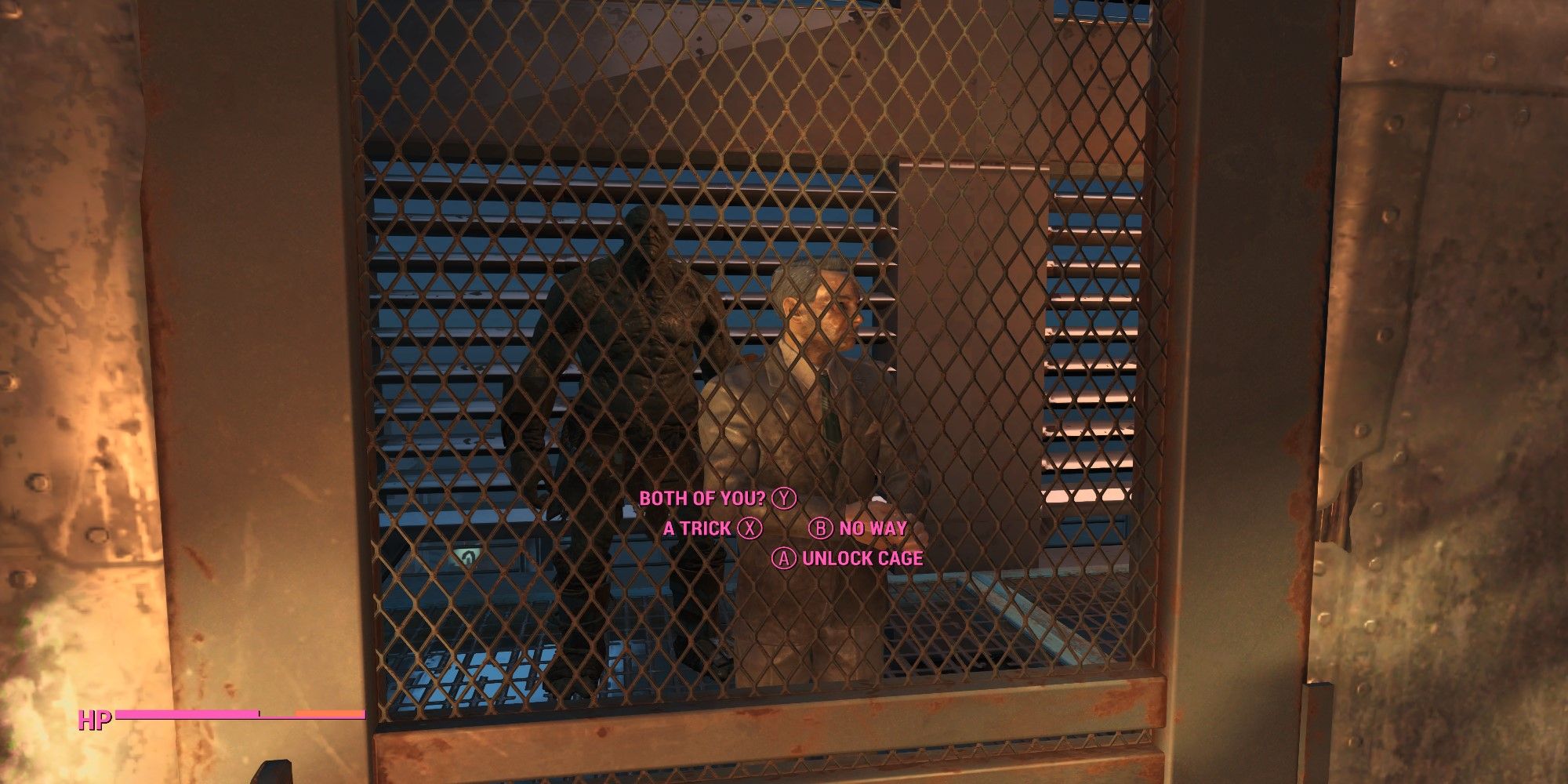 Fallout 4 Rex Goodman and Strong Behind Trinity Tower Cage During Curtain Call