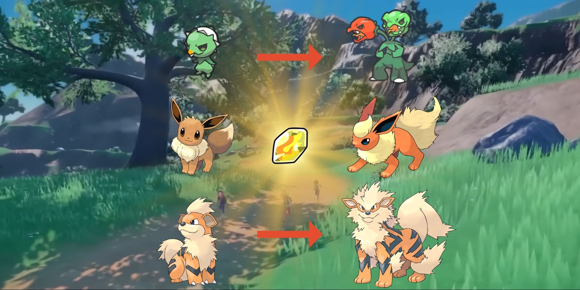 Capsakid, Eevee, and Growlithe evolve using Fire Stone