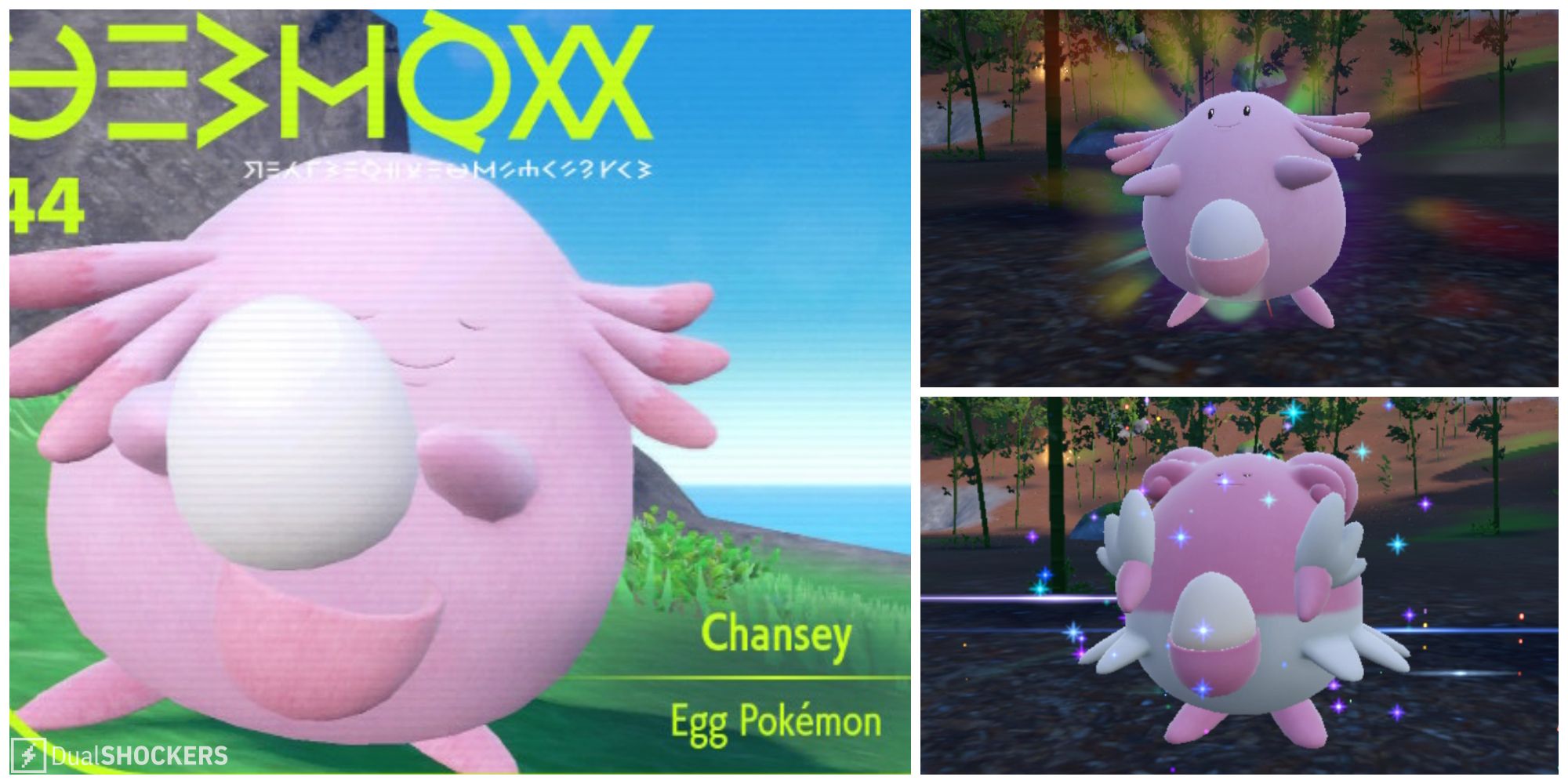 Split image of Chansey in its Pokedex entry and Chansey evolving into Blissey in Pokemon Scarlet & Violet.
