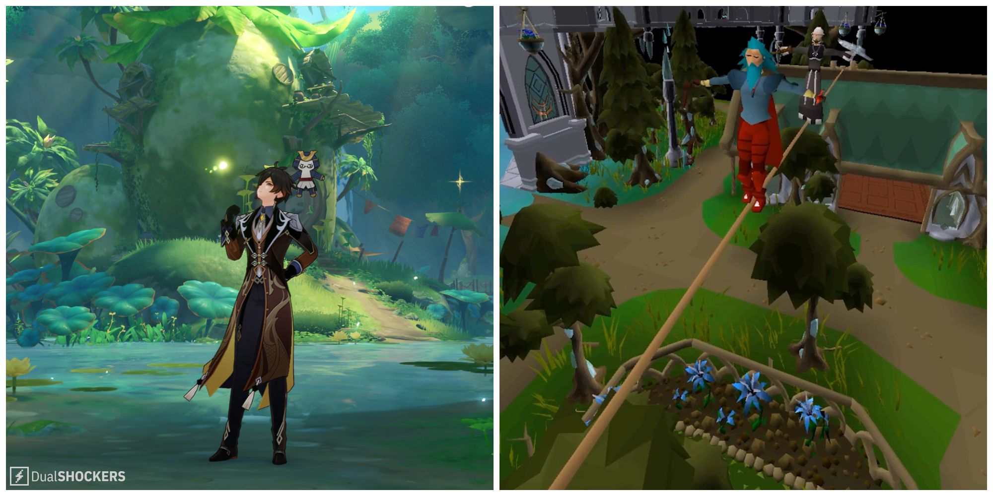 Split image of gameplay from Genshin Impact and gameplay from Old School Runescape.