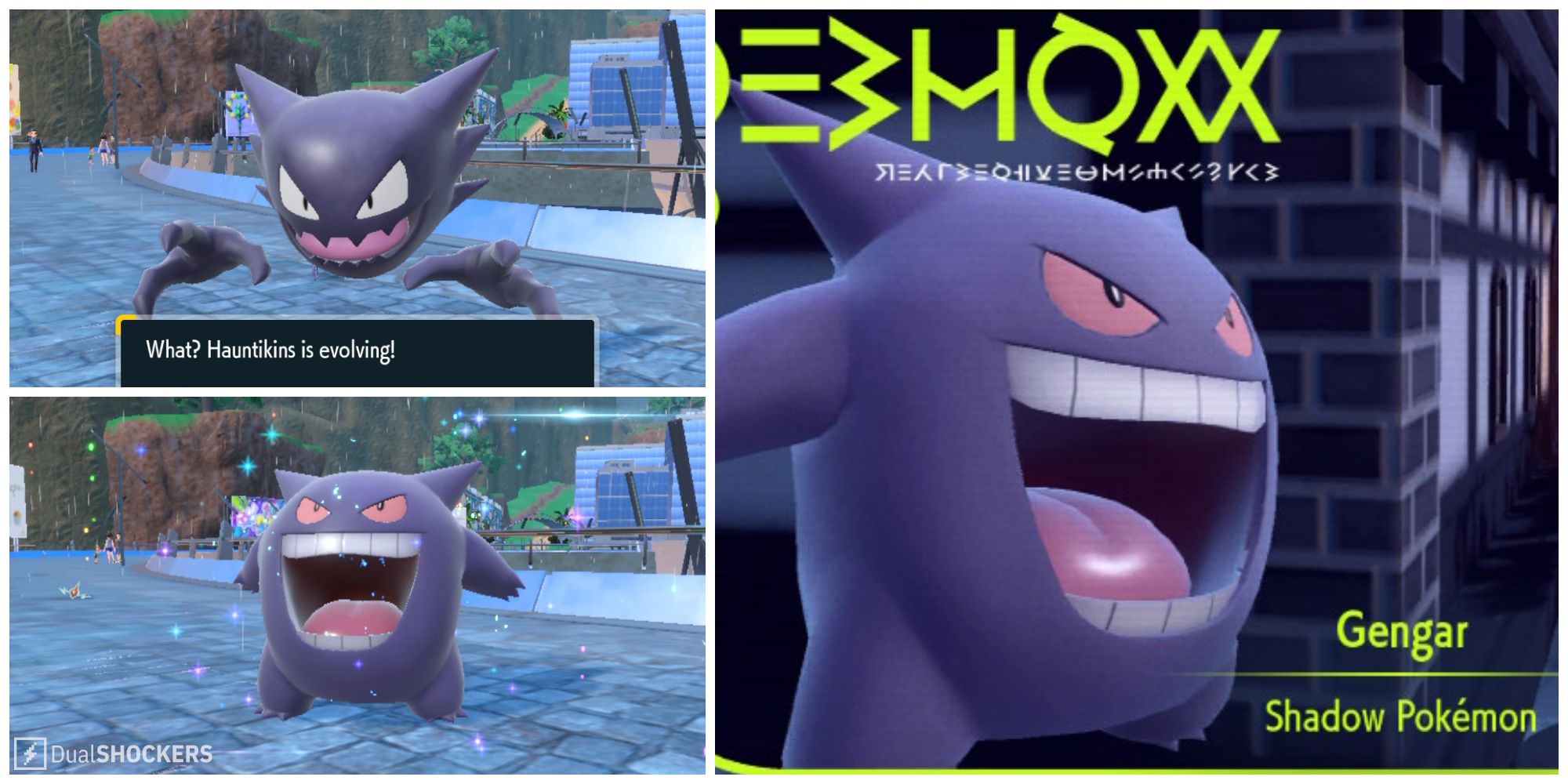 Split image of Haunter evolving into Gengar and Gengar's Pokedex entry in Pokemon Scarlet & Violet.