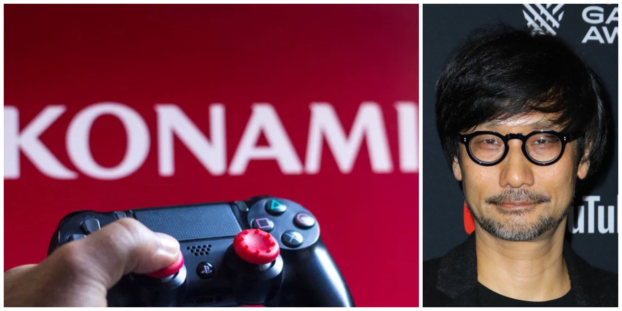 Split image of a PlayStation controller in front of a Konami sign and a photo of Hideo Kojima.