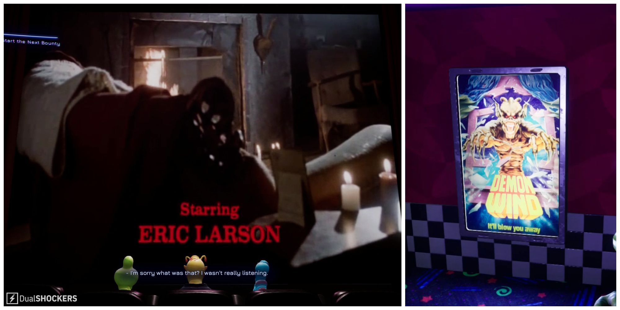 Split image of the movie Demon Wind playing in the movie theater and a poster for Demon Wind in High on Life.
