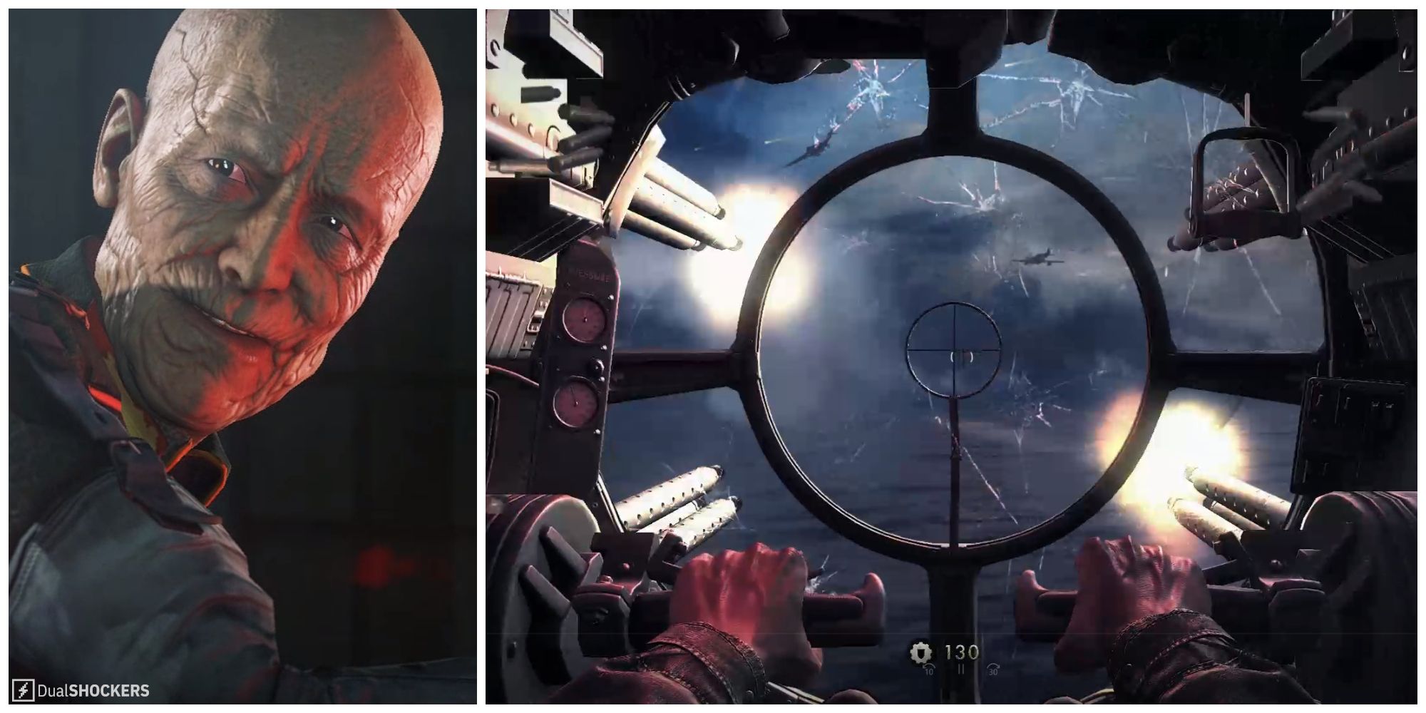 Split image of the character Deathshead and Blazkowicz in the cockpit in Wolfenstein: The New Order.