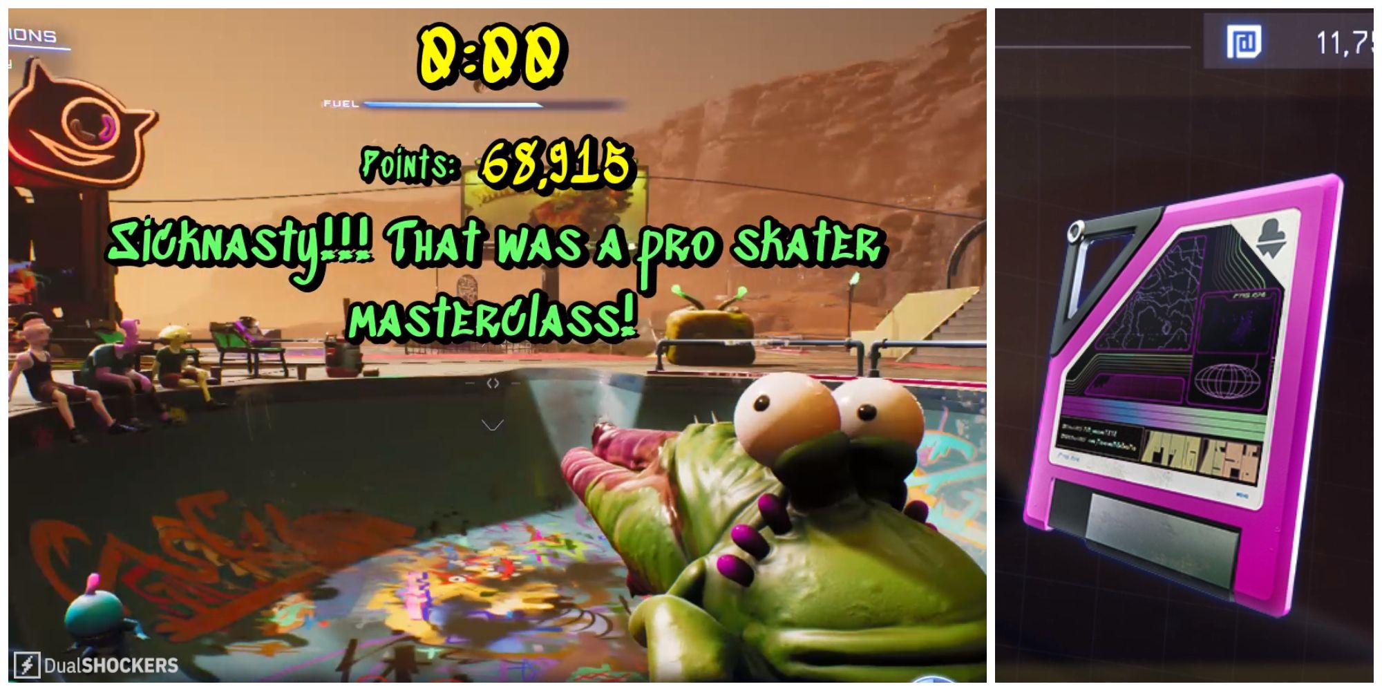 Split image of gameplay in the skate park and the Skate Park Warp Disc in High on Life.