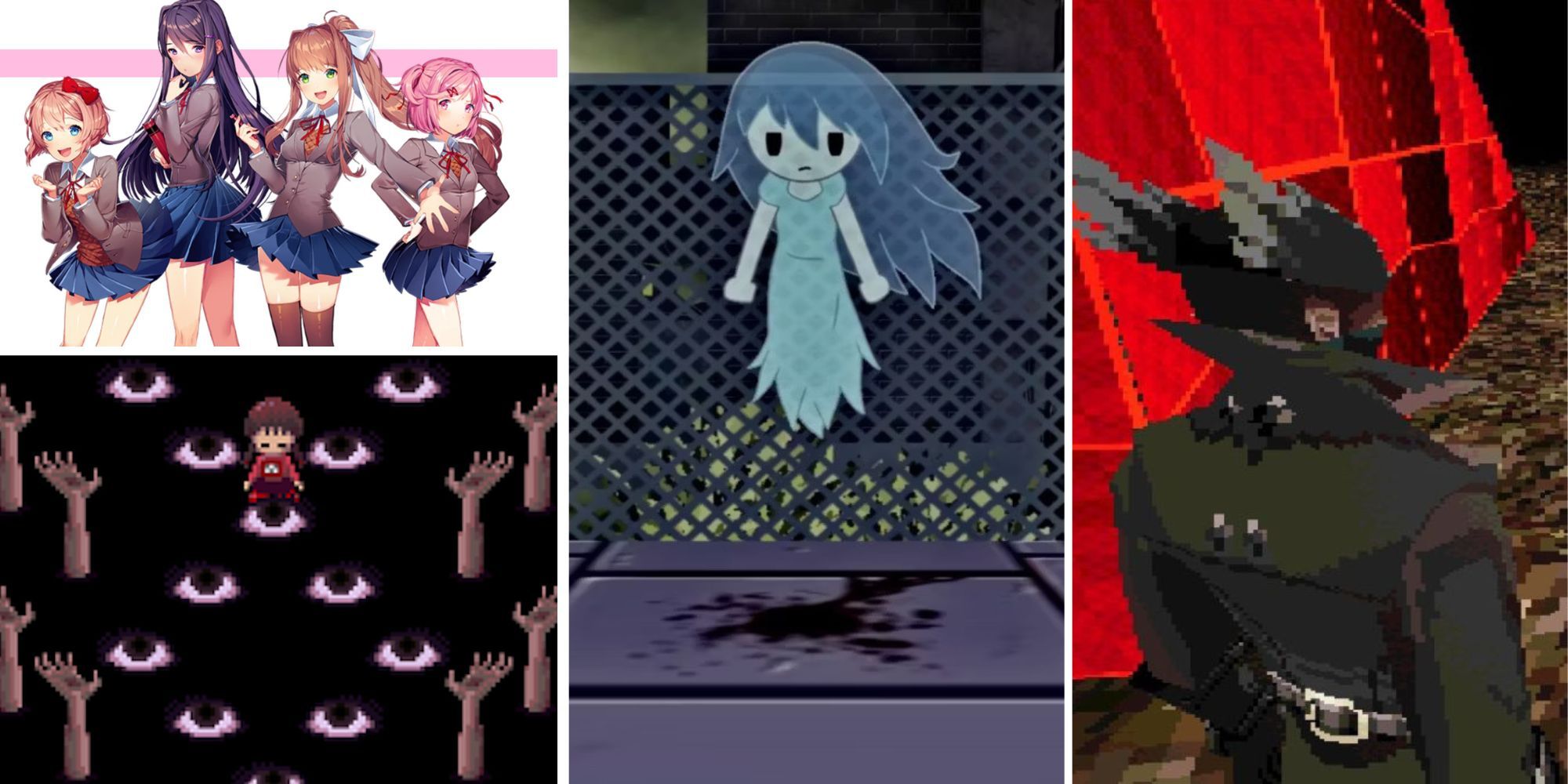 Collage of free-to-play horror games ((Doki Doki Literature Club, Yume Nikki, Spooky's Jump Scare Mansion, Bloodborne PSX)