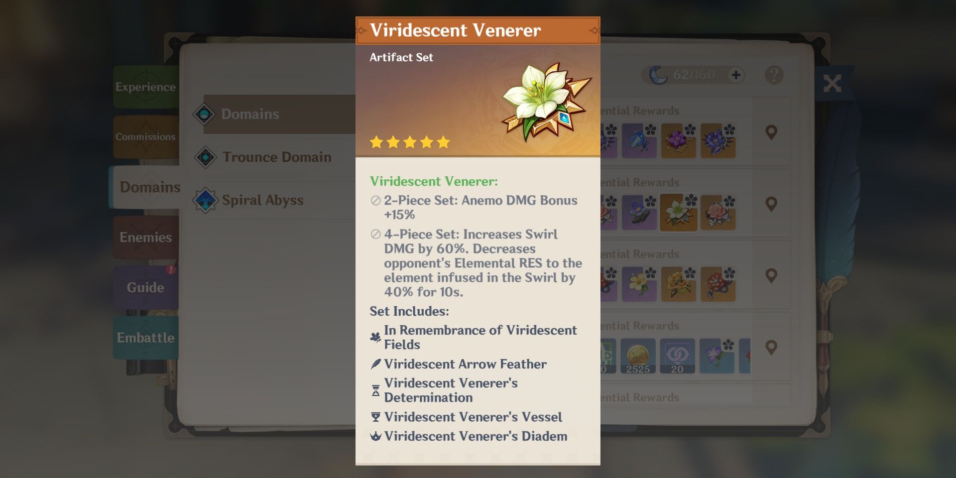 Image of Viridescent Venerer's artifact deck and stats in Genshin Impact.