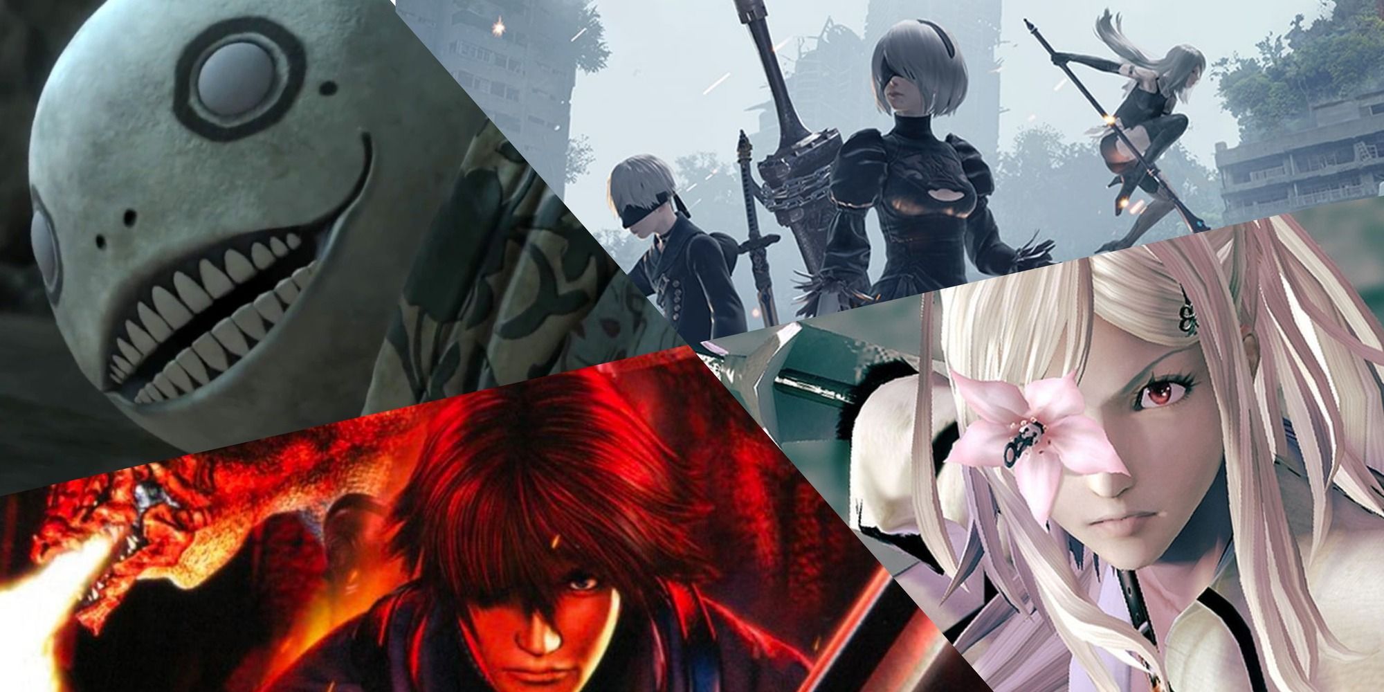 Drakengard and NieR series cover photo containing Emil 9S 2B A2 Caim and Zero