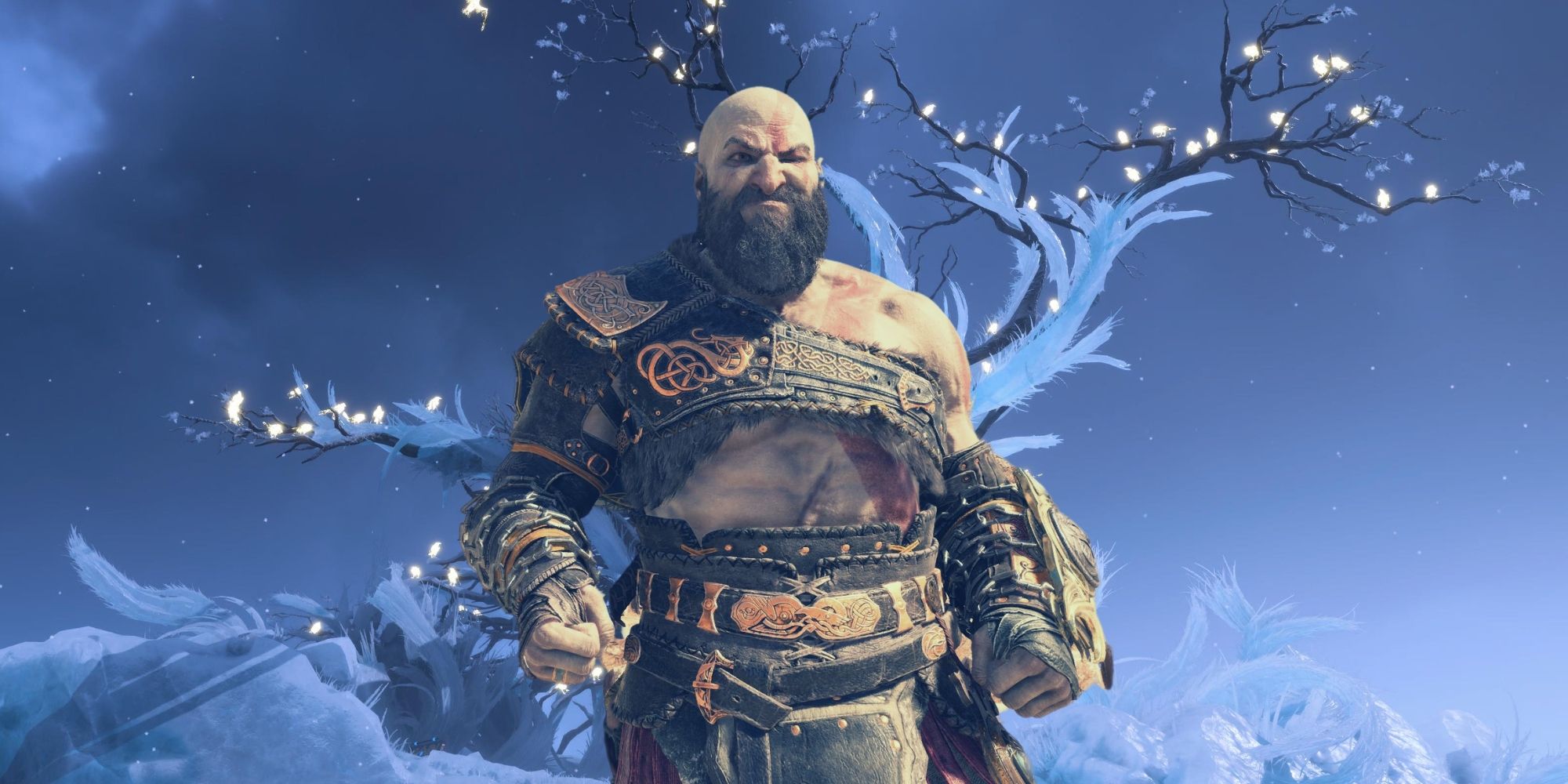 Kratos posing in front of raven tree in Niflheim