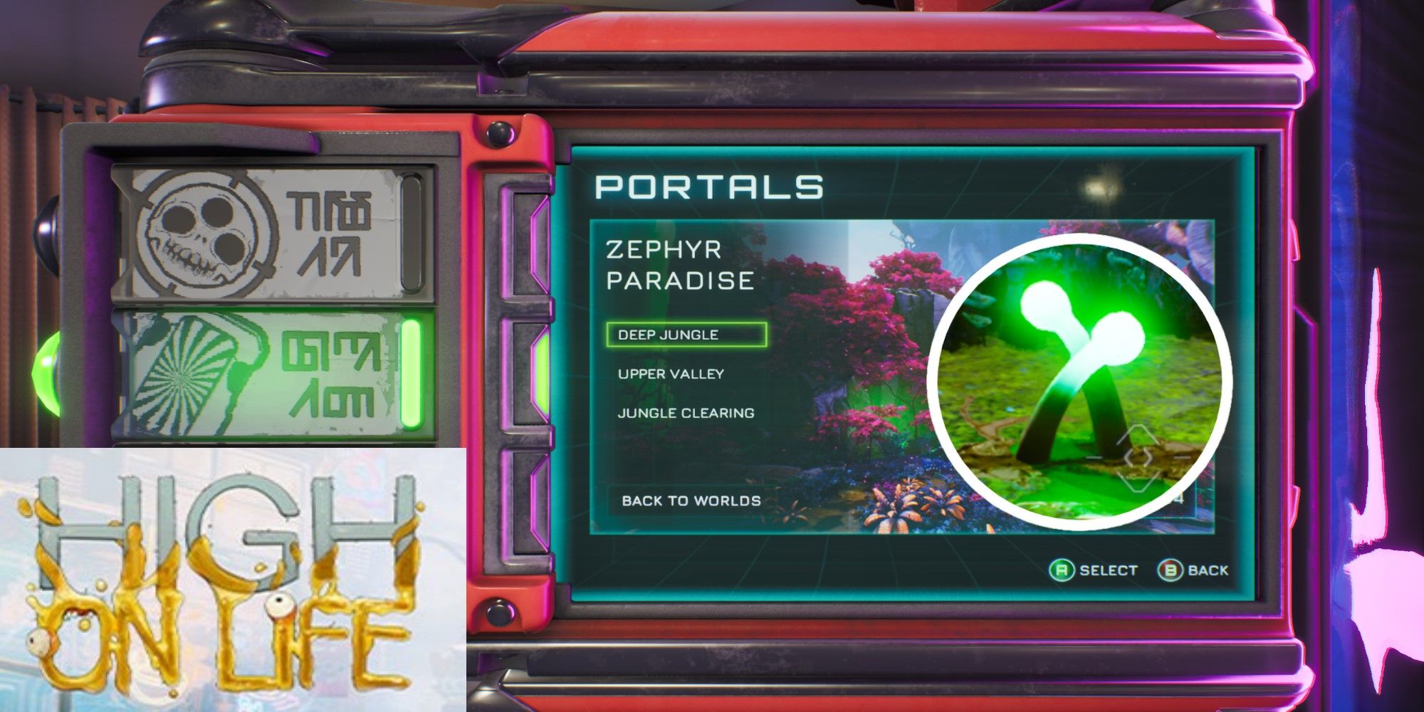High On Life Split Image Zephyr Paradise Portal Select with game logo and Luglox antennae 