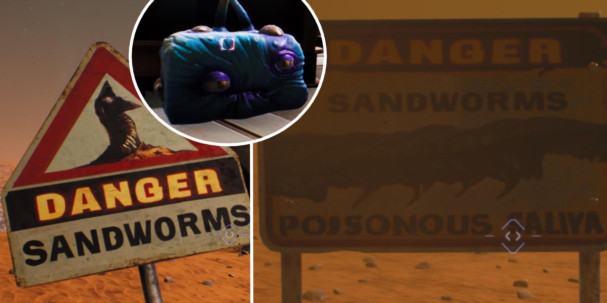 High On Life Split Image Danger Sandworm signs in Outskirts with blue Luglox