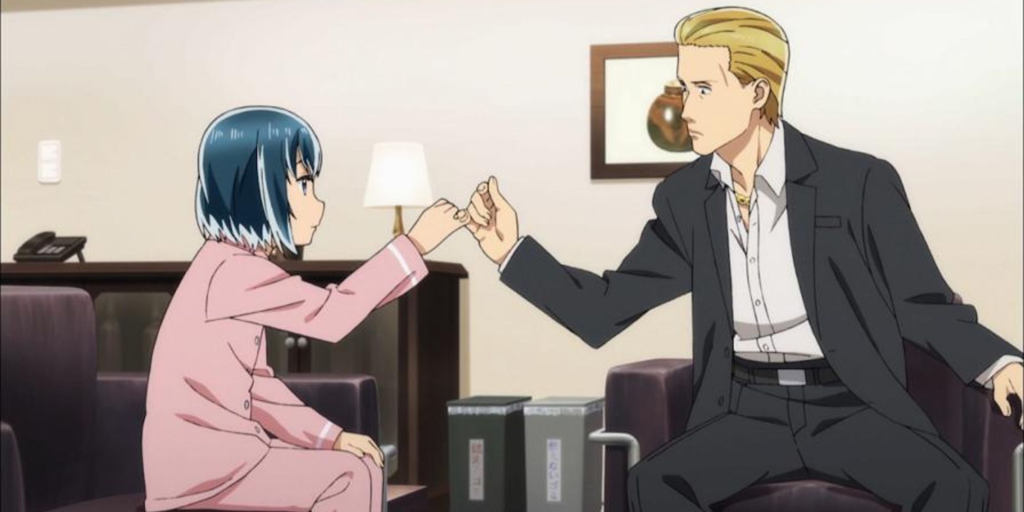 Hinamatsuri: A man doing a pinky promise with a young girl