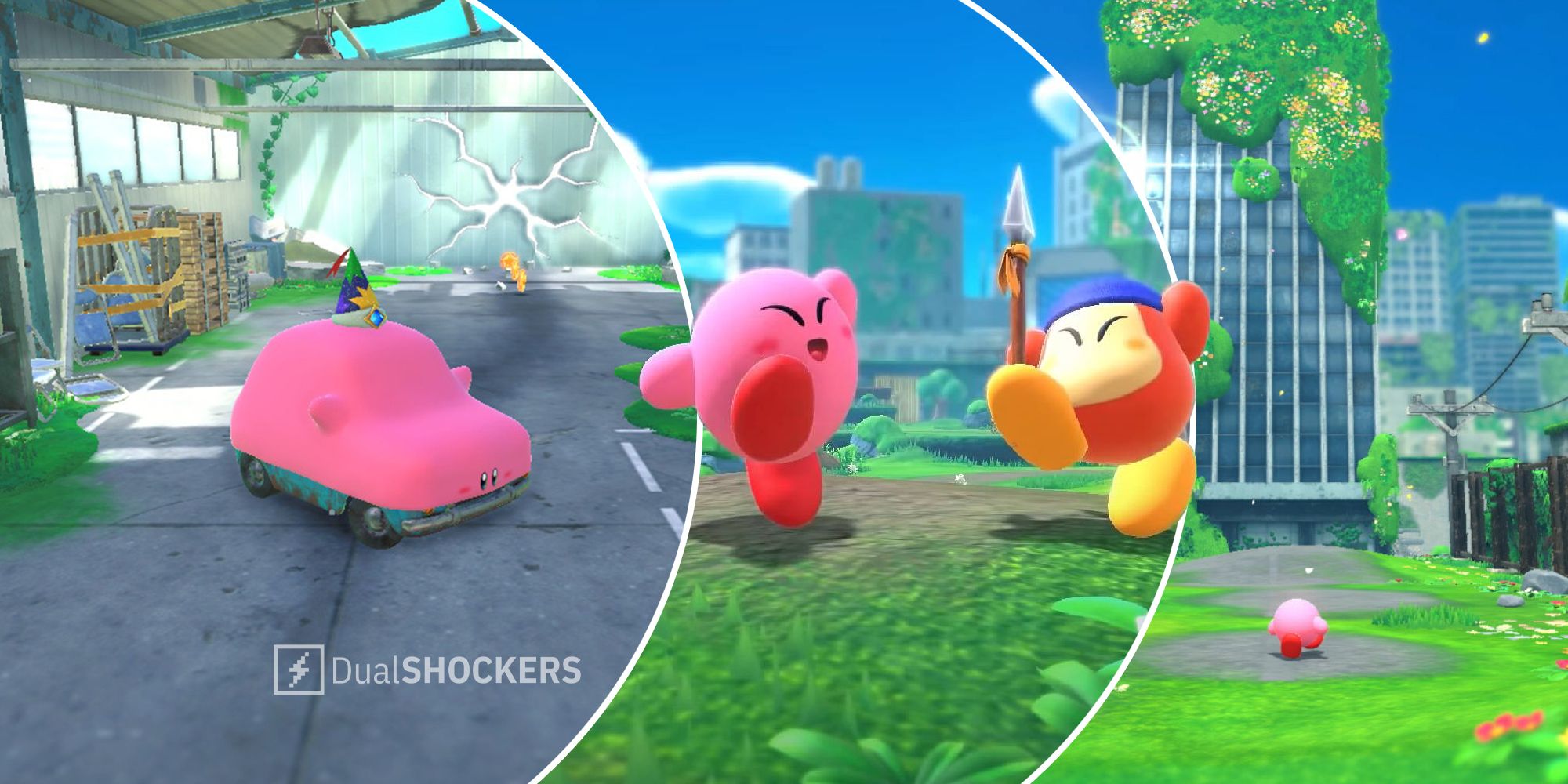 Kirby And The Forgotten Land car Kirby, Kirby and Waddle Dee, Kirby walking through overgrown city