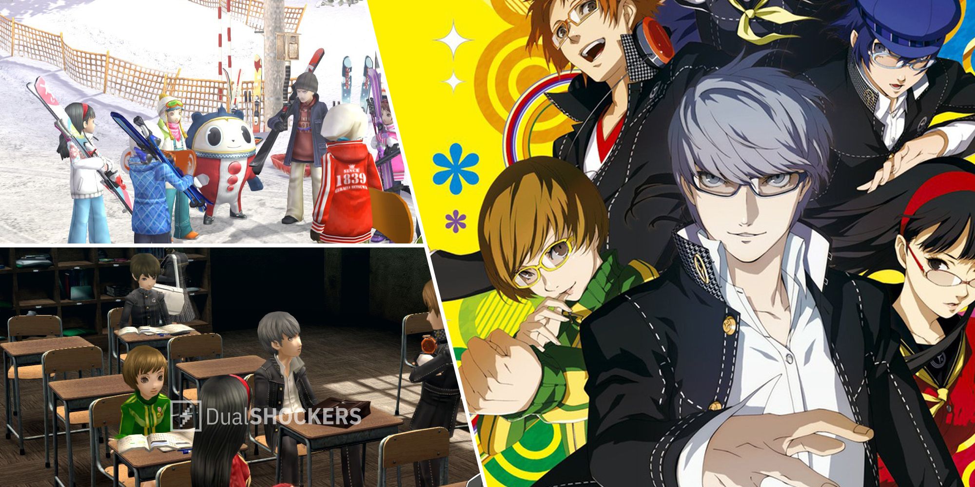 Persona 4 Golden skiing with characters, classroom setting, promo image