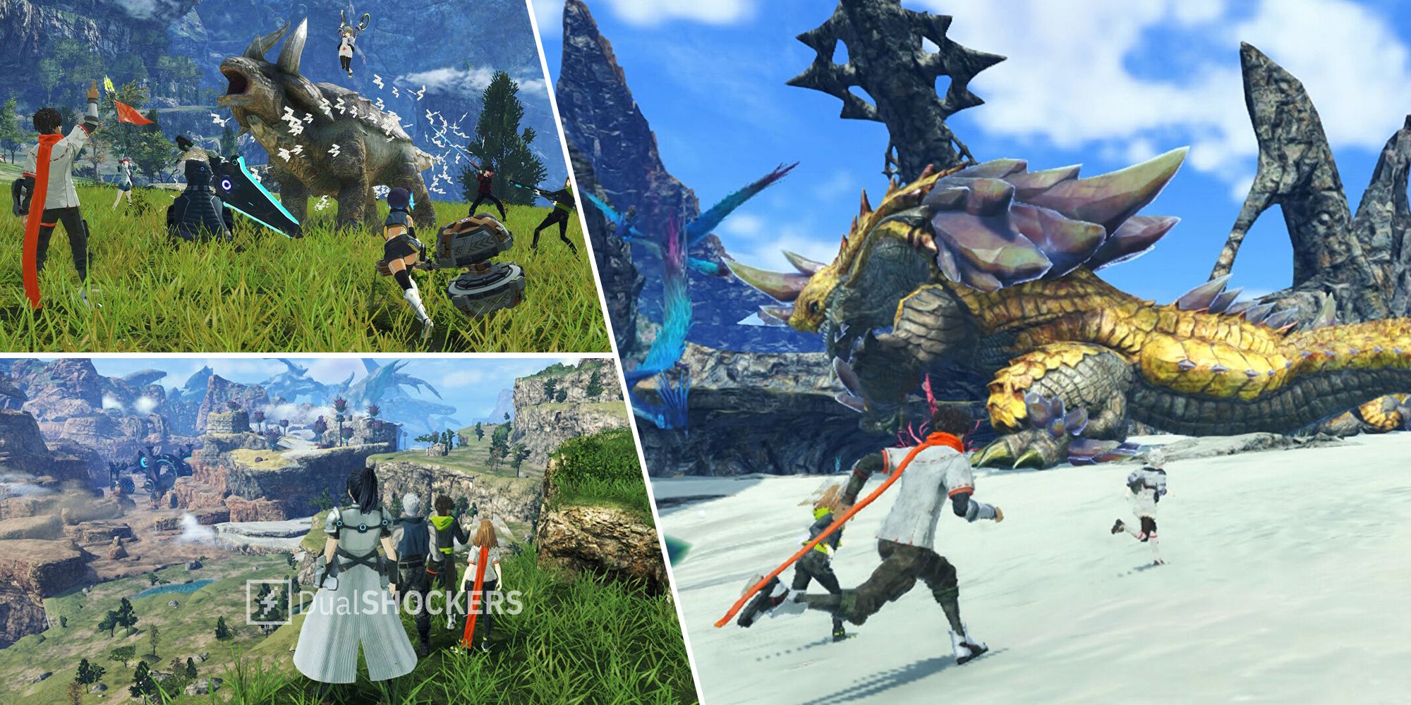 Xenoblade Chronicles 3 battle gameplay and main characters overlooking landscape