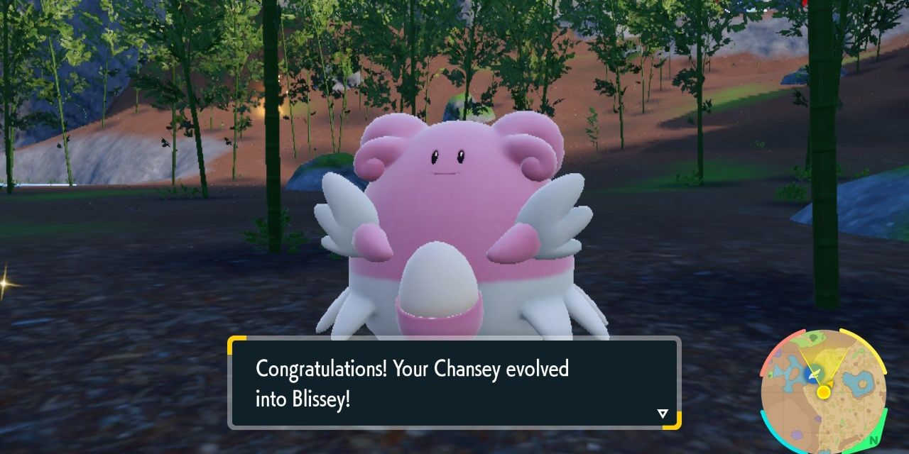 Image of the Pokemon Blissey right after evolving from Chansey in Pokemon Scarlet & Violet.
