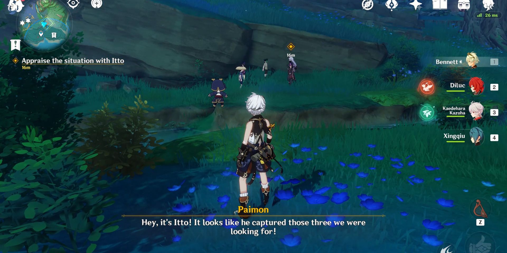 Image of Arataki Itto talking with the three Youkai in the Haunted Tales quest in Genshin Impact.