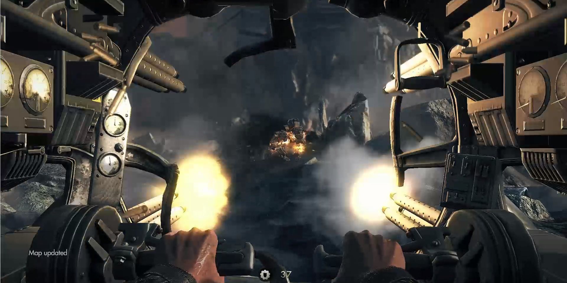 Image of Blazkowicz in the cockpit and destroying the monsters in Wolfenstein: The New Order.