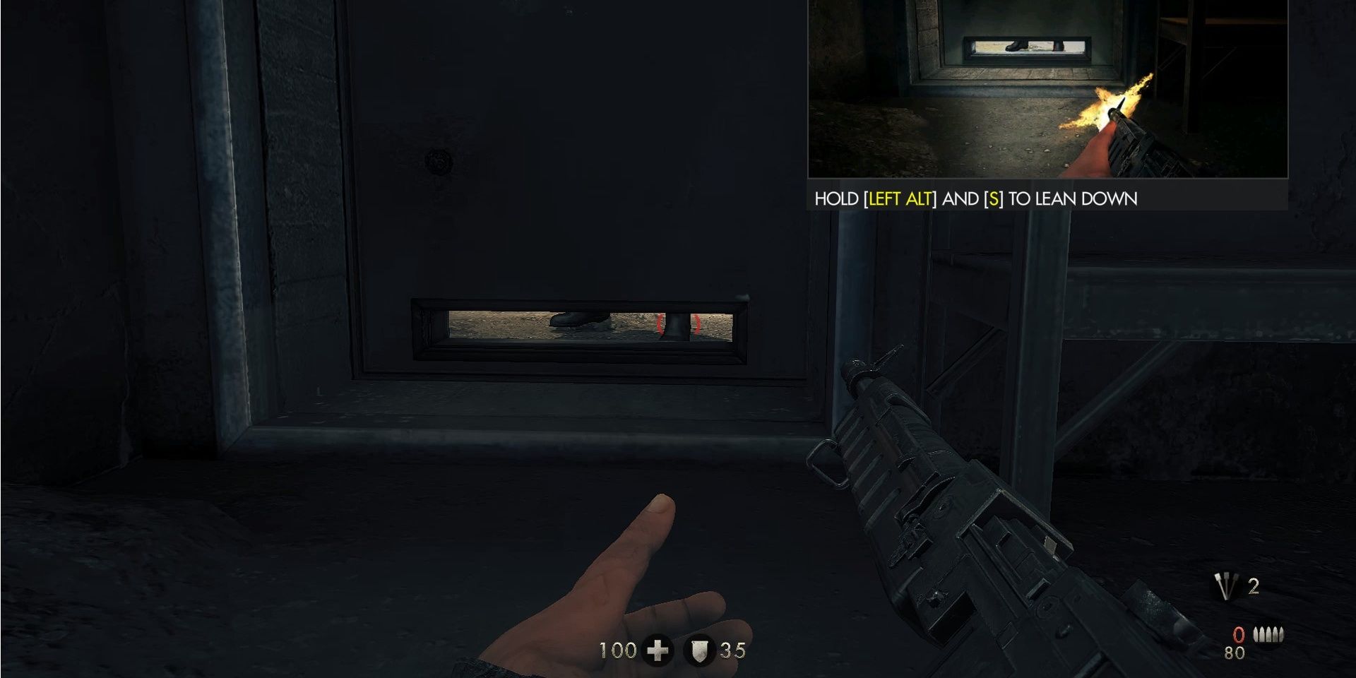 Image of the enemy under the door in Wolfenstein: The New Order.