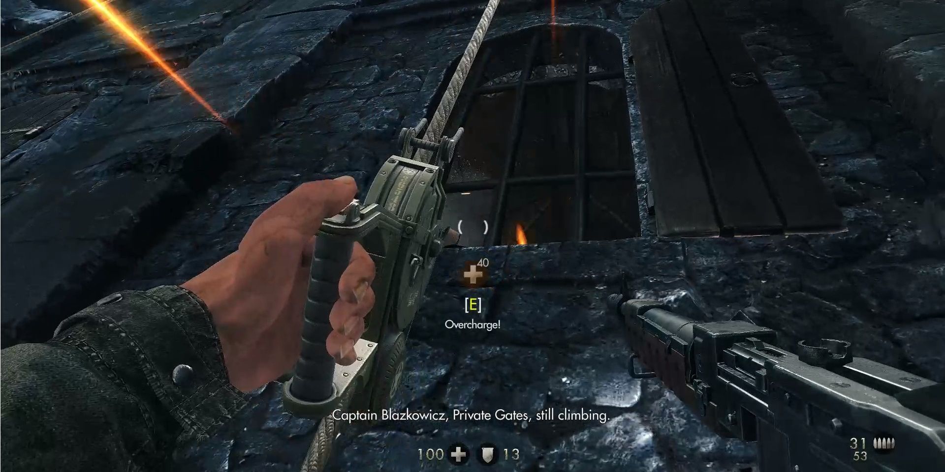 Image of Blazkowicz scaling a building wall in Wolfenstein: The New Order.
