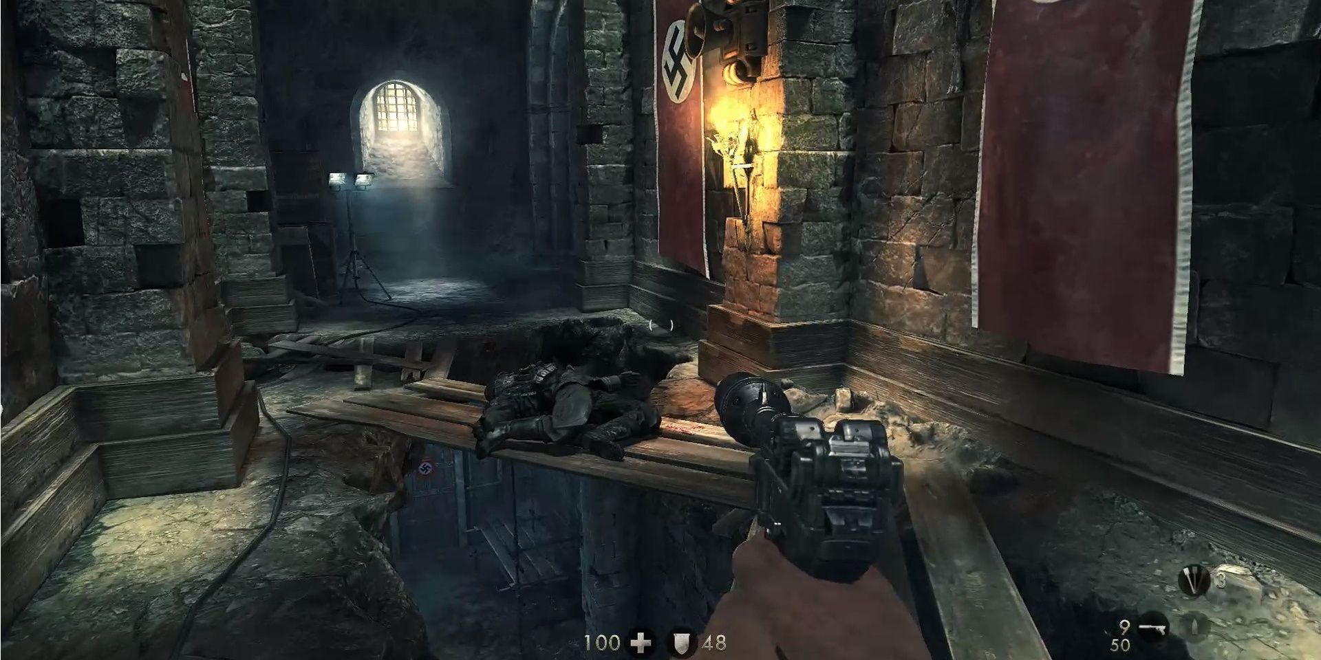 Image of the broken path you must cross in Wolfenstein: The New Order.