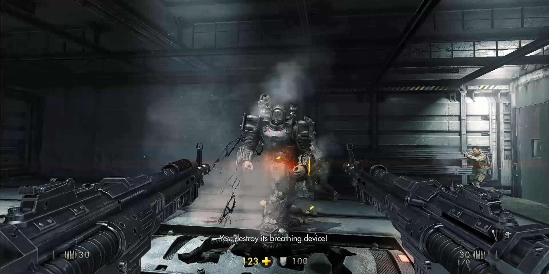 Image of the large enemy you must defeat in Wolfenstein: The New Order.