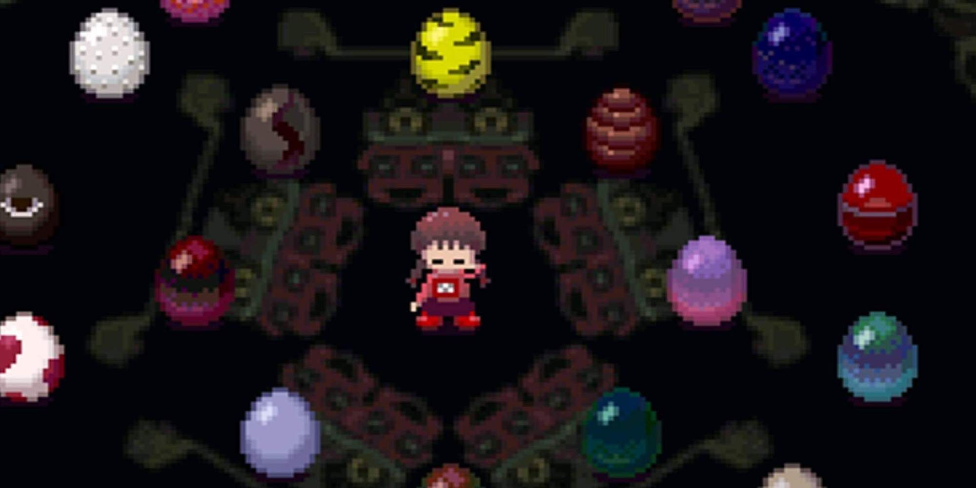Madotsuki surrounded by multi-colored eggs (Yume Nikki)