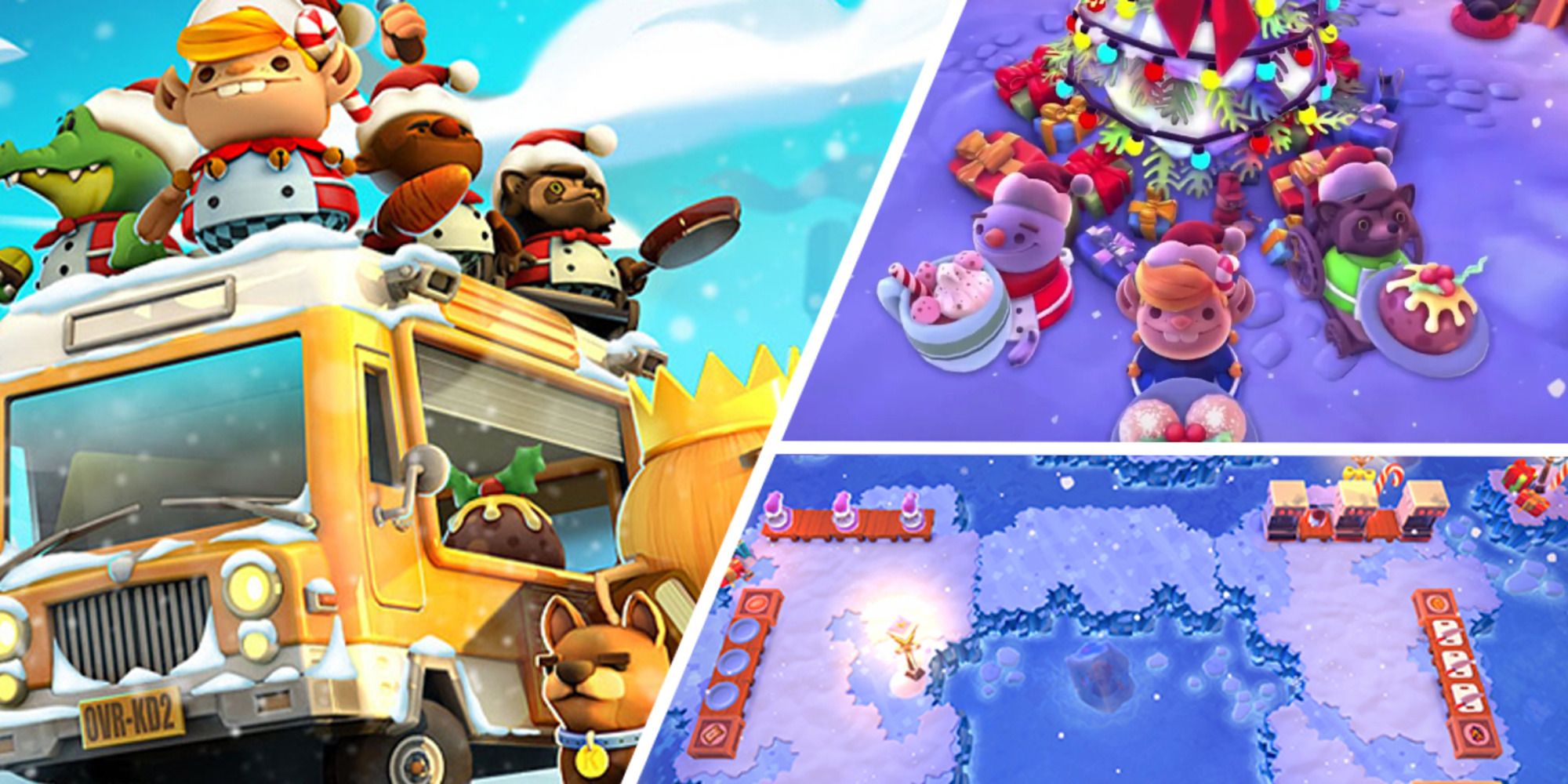 Kenny's Christmas Cracker cover picture, in-game footage, and level design in Overcooked 2.