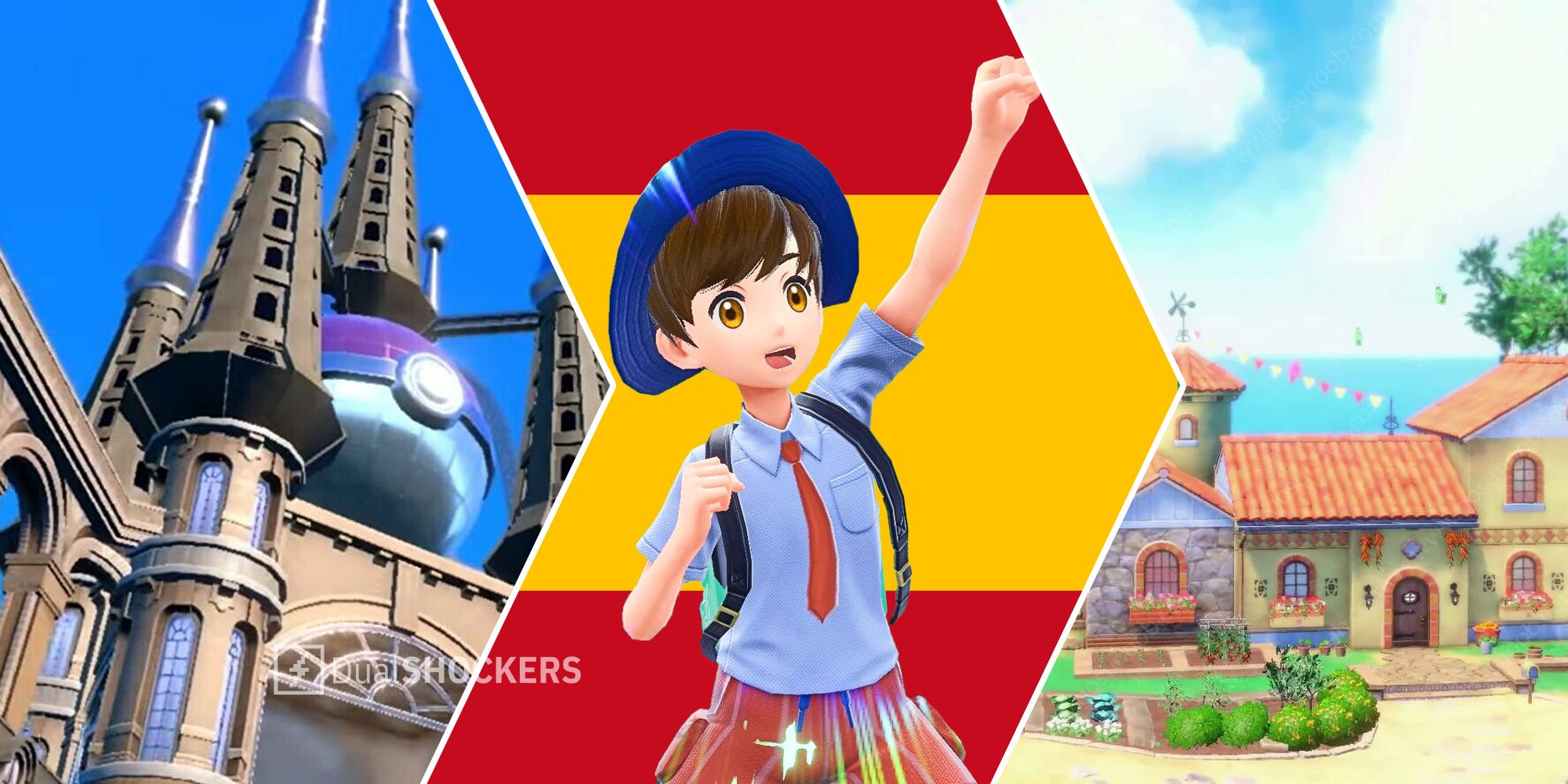 Pokemon Scarlet & Violet Spanish influenced buildings and Pokemon player with Spanish flag