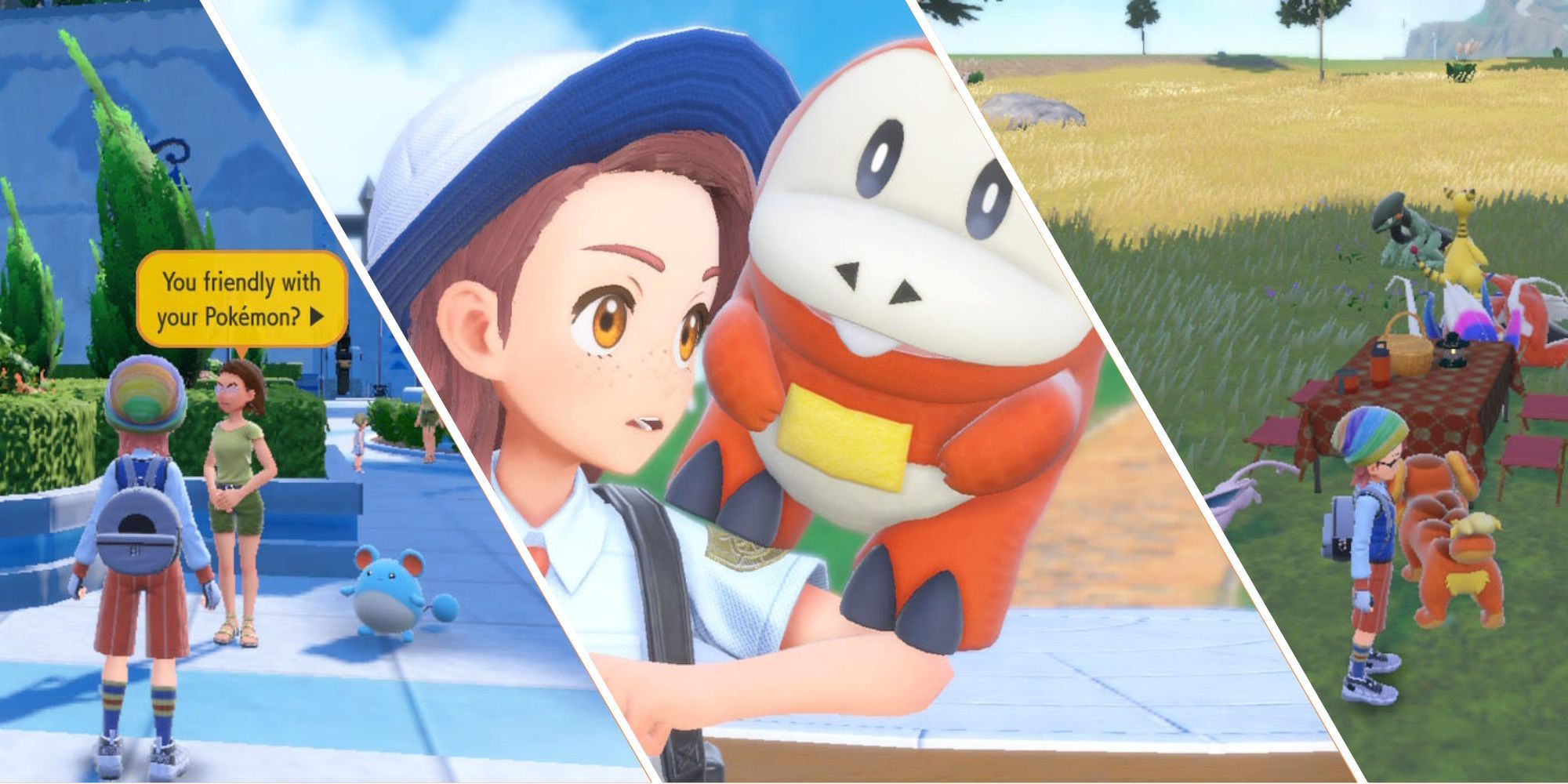 Split image of the Friendship Checker, a trainer with Fuecoco on her shoulder, and a picnic in Pokémon Scarlet & Violet.