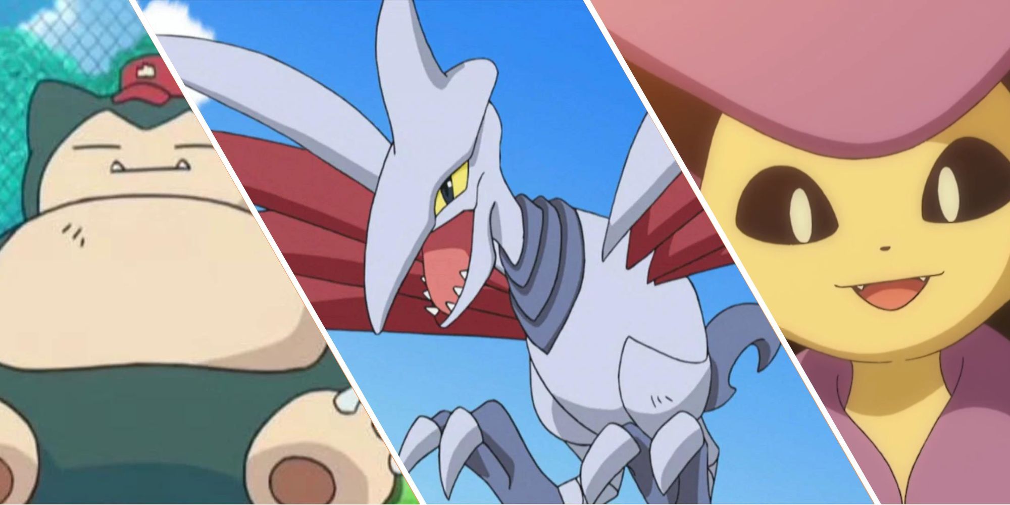 Split image of Snorlax, Skarmory, and Delcatty in the Pokémon Anime. 