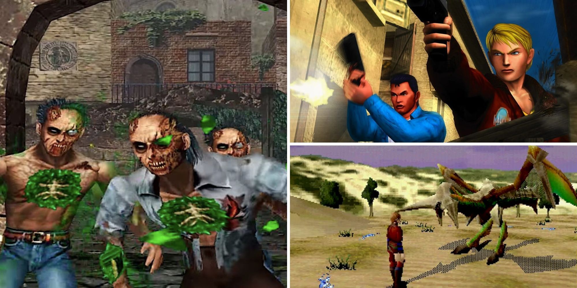 Collage of rail-shooter games (House of the Dead 2, Time Crisis 2, Panzer Dragoon)